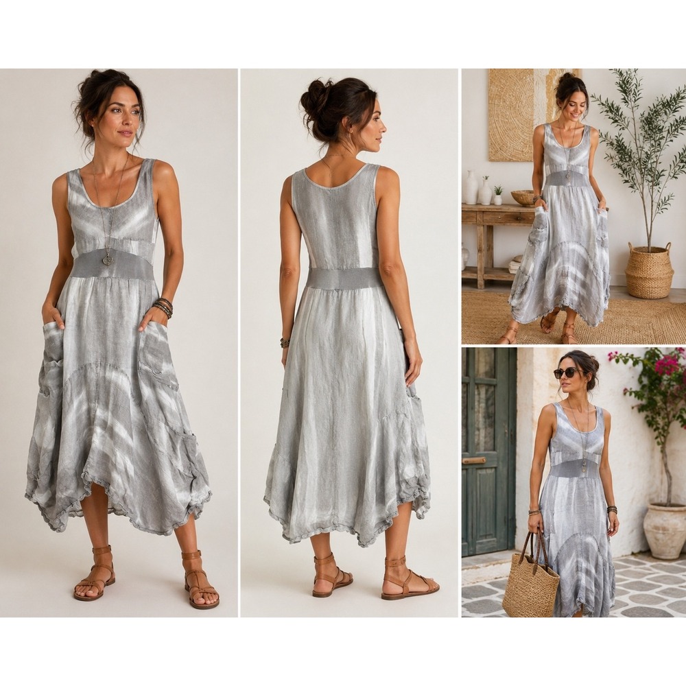Inizio Linen Magic Dress L Gray Italy Lagenlook Balloon Hem Pockets Artsy Boho